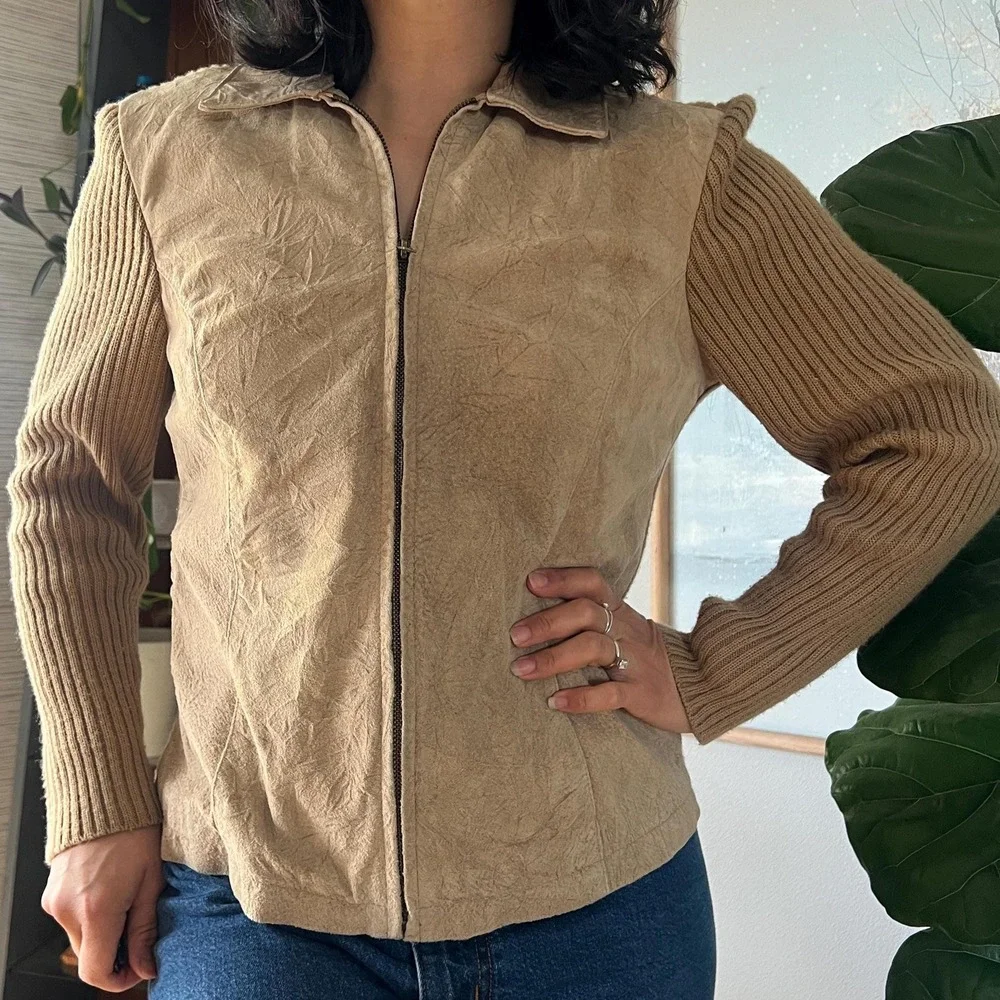 Vintage Leather Suede Knit Jacket Tan Zip Up Fitted Equestrian Minimal 90s‎